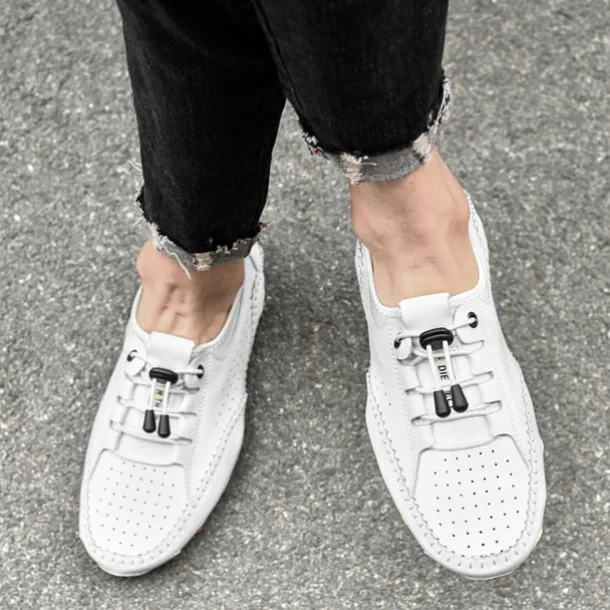 Men's White Perforated Casual Shoes with Hand-Stitched Detailing, Breathable Mesh Upper and Comfortable Slip-On Design