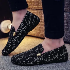 Men's White Printed Slip-On Loafers – Lightweight Casual Canvas Driving Shoes with Rubber Sole for Summer, Travel, and Daily Wear