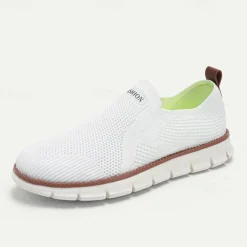 Men's White Slip-On Breathable Knit Sneakers with Lightweight Sole - Casual Walking Shoes for Summer and Everyday Wear