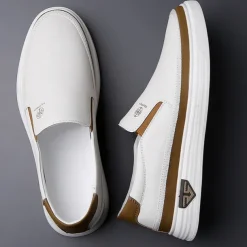 Men's White Slip-On Loafers – Lightweight Faux Leather Shoes with Cushioned Sole for Casual and Everyday Wear