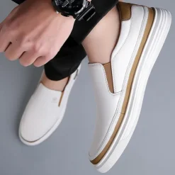 Men's White Slip-On Loafers – Lightweight Faux Leather Shoes with Cushioned Sole for Casual and Everyday Wear