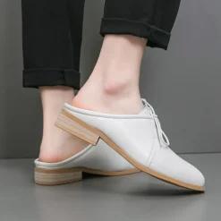 Men's White Slip-On Mule Oxfords - Minimalist Faux Leather Design with Low Heel for Casual and Office Wear