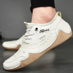 Men's White Sporty Faux Leather Sneakers with Perforated Design, Lightweight and Comfortable, Ideal for Casual and Outdoor Activities