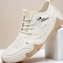 Men's White Sporty Faux Leather Sneakers with Perforated Design, Lightweight and Comfortable, Ideal for Casual and Outdoor Activities