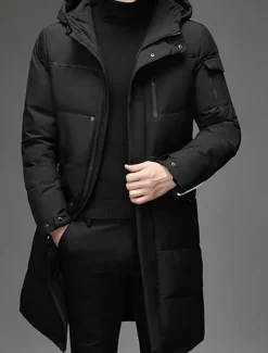 Men's Winter Coat Down Jacket Puffer Jacket Padded Jacket Pocket White Duck Down Vacation Daily Wear Date Long Fashion Casual Comfortable Thermal Warm Fall & Winter Solid / Plain Color Black Gray