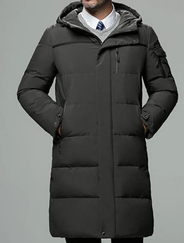Men's Winter Coat Down Jacket Puffer Jacket Cardigan Long Daily Wear Vacation To-Go Casual / Daily Winter Solid / Plain Color Black Green Gray Puffer Jacket