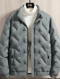Men's Winter Coat Down Jacket Zipper Pocket Duck Down Vacation Going out To-Go Outdoor Casual / Daily Winter Pure Color Black Beige Gray Puffer Jacket