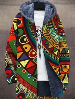 Men's Winter Coat Fleece Jacket Coat Thermal Warm Vintage Tribal Daily Wear Going out Pocket Print Fall & Winter Hooded Long Sleeve Green