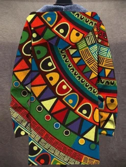 Men's Winter Coat Fleece Jacket Coat Thermal Warm Vintage Tribal Daily Wear Going out Pocket Print Fall & Winter Hooded Long Sleeve Green