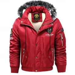 Men's Winter Coat Fleece Jacket Parka Pocket Fleece Polyster Fleece lined Daily Wear Date Vacation Regular Fashion Casual Comfortable Thermal Warm Fall & Winter Letter Black Red Blue Puffer Jacket
