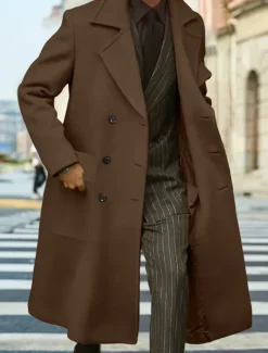 Men's Winter Coat Overcoat Long Trench Coat Outdoor Daily Wear Fall Winter Polyester Outerwear Clothing Apparel Fashion Streetwear Plain Lapel Double Breasted