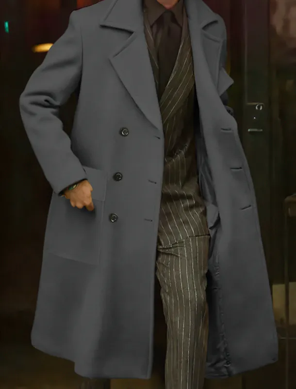 Men's Winter Coat Overcoat Long Trench Coat Outdoor Daily Wear Fall Winter Polyester Outerwear Clothing Apparel Fashion Streetwear Plain Lapel Double Breasted