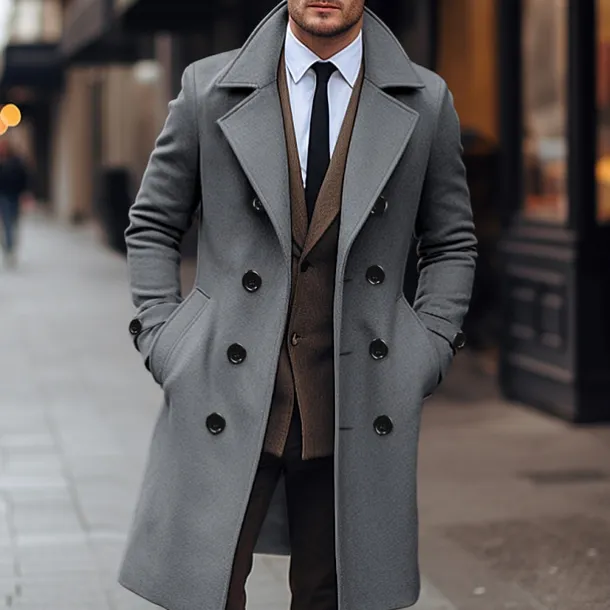 Men's Winter Coat Overcoat Peacoat Trench Coat Outdoor Daily Wear Fall & Winter 95% polyester 5% cotton Thermal Warm Windbreaker Outerwear Clothing Apparel Fashion Streetwear Plain Lapel Double