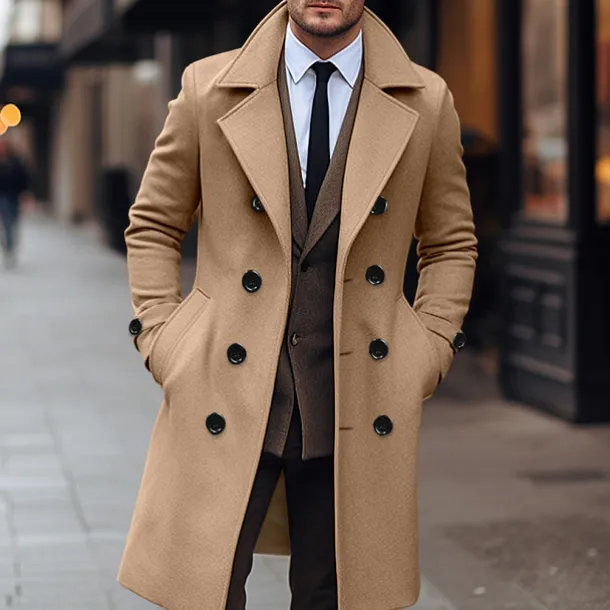 Men's Winter Coat Overcoat Peacoat Trench Coat Outdoor Daily Wear Fall & Winter 95% polyester 5% cotton Thermal Warm Windbreaker Outerwear Clothing Apparel Fashion Streetwear Plain Lapel Double