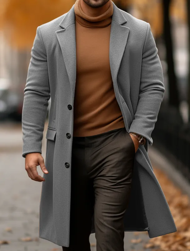 Men's Winter Coat Overcoat Trench Coat Outdoor Daily Wear Fall & Winter Polyester Warm Outerwear Clothing Apparel Fashion Streetwear Plain Pocket Turndown Single Breasted