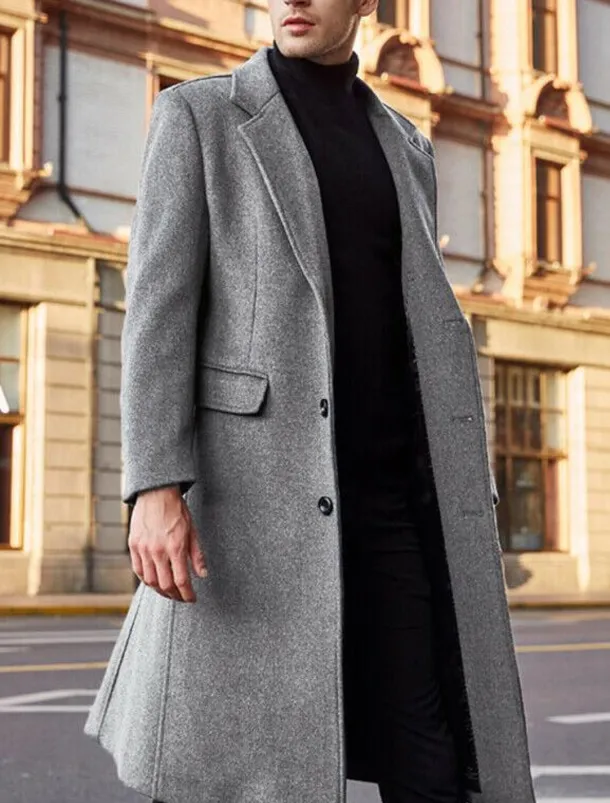 Men's Winter Coat Overcoat Trench Coat Outdoor Daily Wear Fall & Winter Polyester Warm Outerwear Clothing Apparel Fashion Streetwear Plain Pocket Turndown Single Breasted