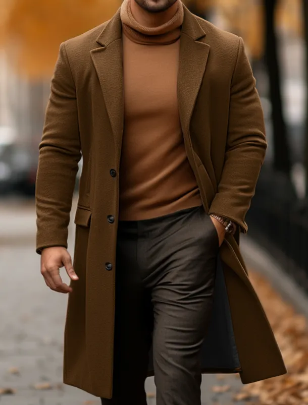 Men's Winter Coat Overcoat Trench Coat Outdoor Daily Wear Fall & Winter Polyester Warm Outerwear Clothing Apparel Fashion Streetwear Plain Pocket Turndown Single Breasted