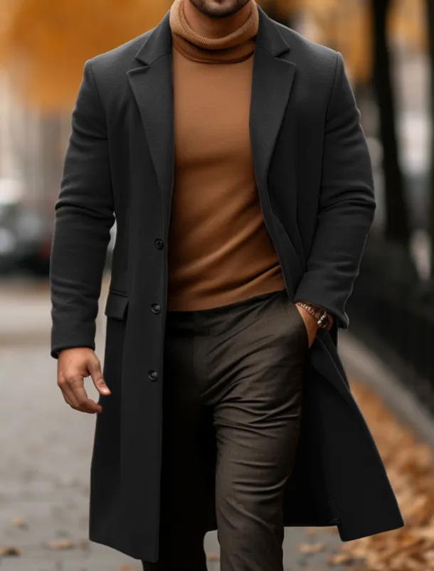 Men's Winter Coat Overcoat Trench Coat Outdoor Daily Wear Fall & Winter Polyester Warm Outerwear Clothing Apparel Fashion Streetwear Plain Pocket Turndown Single Breasted