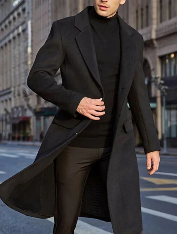Men's Winter Coat Overcoat Trench Coat Outdoor Daily Wear Fall & Winter Polyester Warm Outerwear Clothing Apparel Fashion Streetwear Plain Pocket Turndown Single Breasted