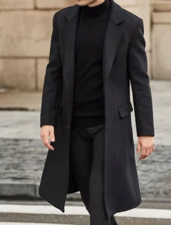 Men's Winter Coat Overcoat Trench Coat Outdoor Daily Wear Fall & Winter Polyester Warm Outerwear Clothing Apparel Fashion Streetwear Plain Pocket Turndown Single Breasted