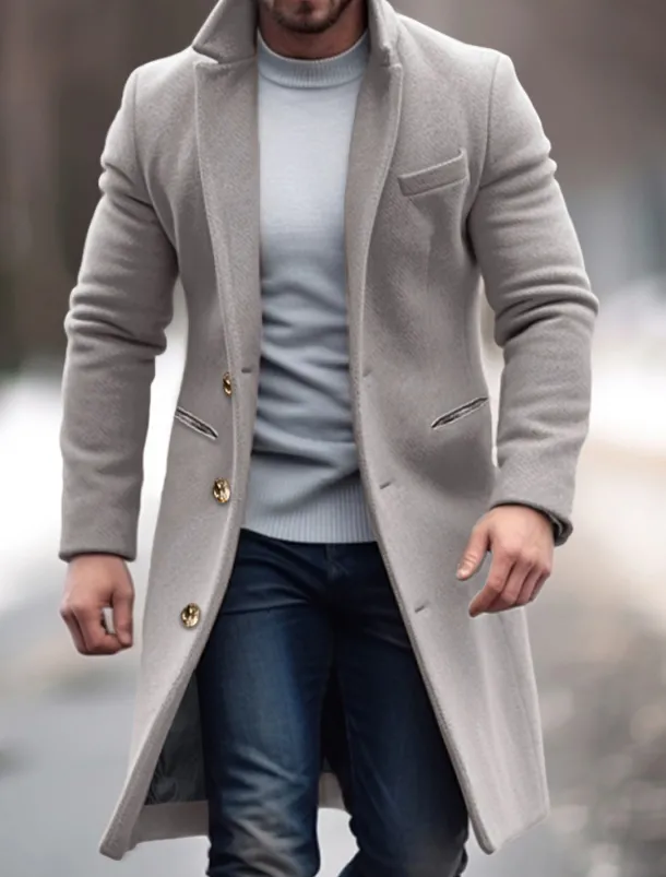Men's Winter Coat Overcoat Trench Coat Office & Career Daily Wear Winter Polyester Thermal Warm Windproof Outerwear Clothing Apparel Fashion Warm Ups Plain Pocket Lapel Single Breasted