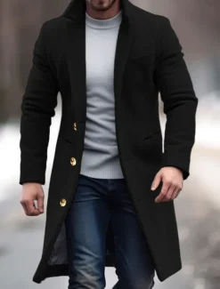 Men's Winter Coat Overcoat Trench Coat Office & Career Daily Wear Winter Polyester Thermal Warm Windproof Outerwear Clothing Apparel Fashion Warm Ups Plain Pocket Lapel Single Breasted