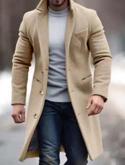 Men's Winter Coat Overcoat Trench Coat Office & Career Daily Wear Winter Polyester Thermal Warm Windproof Outerwear Clothing Apparel Fashion Warm Ups Plain Pocket Lapel Single Breasted