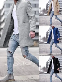 Men's Winter Coat Overcoat Trench Coat Short Coat Overcoat Work Business Winter Polyester Warm Outerwear Clothing Apparel Solid Colored Classic Style Notch lapel collar
