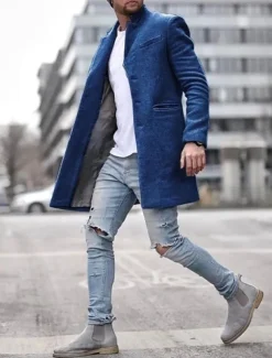Men's Winter Coat Overcoat Trench Coat Short Coat Overcoat Work Business Winter Polyester Warm Outerwear Clothing Apparel Solid Colored Classic Style Notch lapel collar