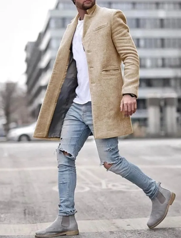Men's Winter Coat Overcoat Trench Coat Short Coat Overcoat Work Business Winter Polyester Warm Outerwear Clothing Apparel Solid Colored Classic Style Notch lapel collar
