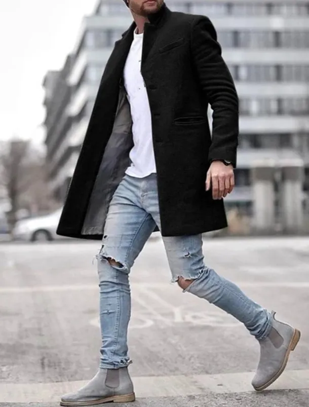 Men's Winter Coat Overcoat Trench Coat Short Coat Overcoat Work Business Winter Polyester Warm Outerwear Clothing Apparel Solid Colored Classic Style Notch lapel collar