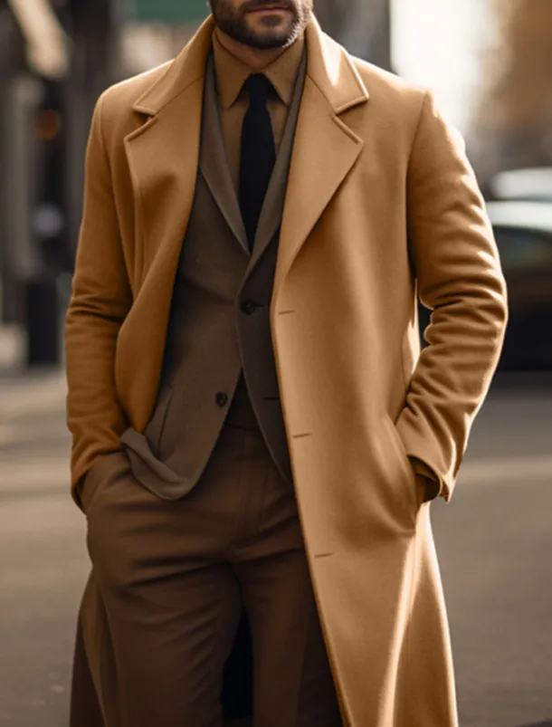 Men's Winter Coat Peacoat Trench Coat Long Trench Coat Outdoor Daily Wear Fall & Winter Polyester Thermal Warm Windproof Outerwear Clothing Apparel Fashion Streetwear Plain Pocket Lapel Single