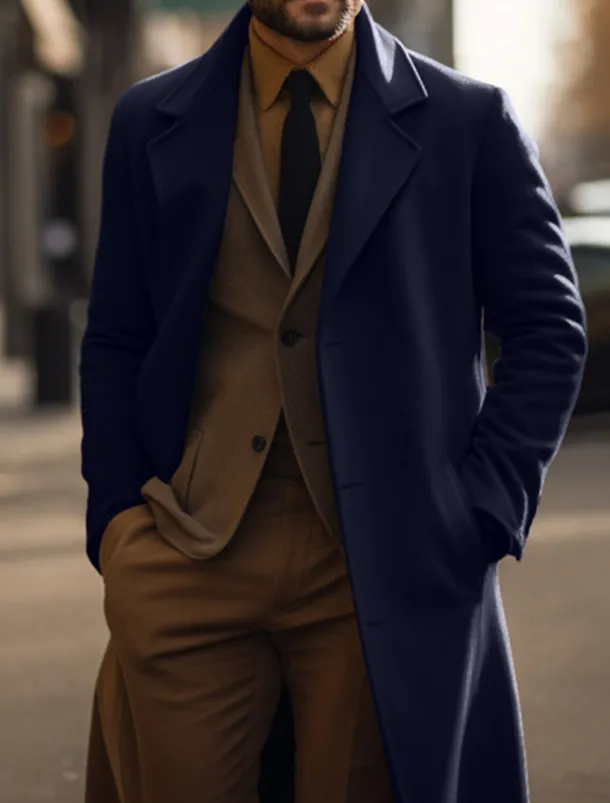 Men's Winter Coat Peacoat Trench Coat Long Trench Coat Outdoor Daily Wear Fall & Winter Polyester Thermal Warm Windproof Outerwear Clothing Apparel Fashion Streetwear Plain Pocket Lapel Single