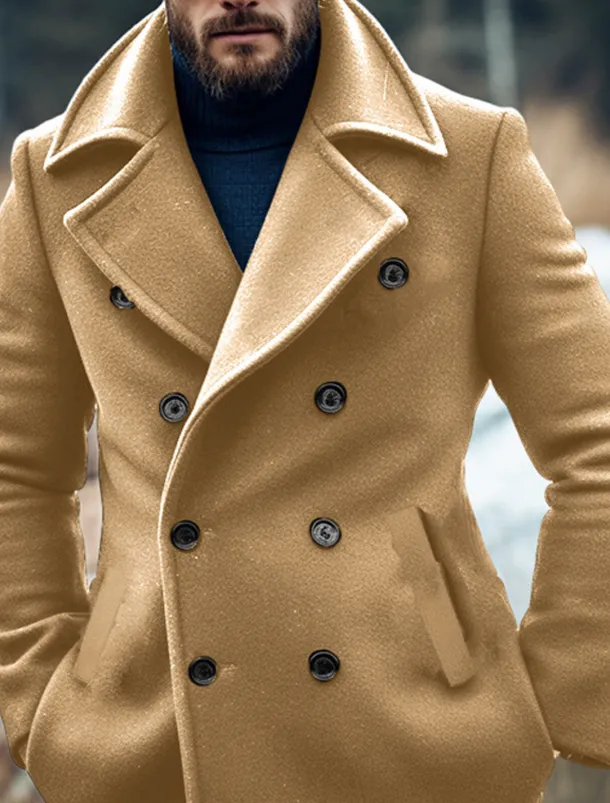 Men's Winter Coat Peacoat Trench Coat Outdoor Daily Wear Fall & Winter Polyester Thermal Warm Windbreaker Outerwear Clothing Apparel Fashion Streetwear Plain Lapel Double Breasted