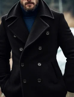 Men's Winter Coat Peacoat Trench Coat Outdoor Daily Wear Fall & Winter Polyester Thermal Warm Windbreaker Outerwear Clothing Apparel Fashion Streetwear Plain Lapel Double Breasted