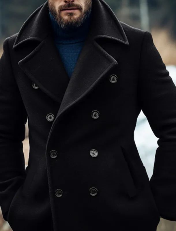 Men's Winter Coat Peacoat Trench Coat Outdoor Daily Wear Fall & Winter Polyester Thermal Warm Windbreaker Outerwear Clothing Apparel Fashion Streetwear Plain Lapel Double Breasted