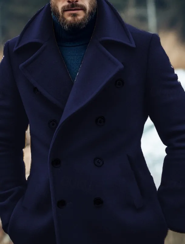 Men's Winter Coat Peacoat Trench Coat Outdoor Daily Wear Fall & Winter Polyester Thermal Warm Windbreaker Outerwear Clothing Apparel Fashion Streetwear Plain Lapel Double Breasted