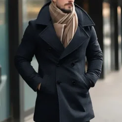 Men's Winter Coat Peacoat Trench Coat Outdoor Daily Wear Fall & Winter Polyester Thermal Warm Outerwear Clothing Apparel Fashion Streetwear Plain Pocket Lapel Double Breasted