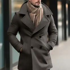 Men's Winter Coat Peacoat Trench Coat Outdoor Daily Wear Fall & Winter Polyester Thermal Warm Outerwear Clothing Apparel Fashion Streetwear Plain Pocket Lapel Double Breasted