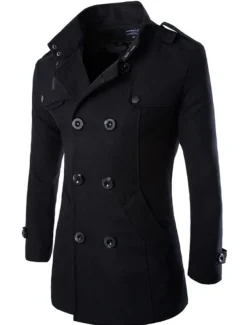 Men's Winter Coat Peacoat Double Breasted Business Casual Regular Slim Fit Warm Solid Colored Fall Long Sleeve Thick Classic Trench Coat Office Daily Work