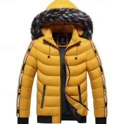 Men's Winter Coat Puffer Jacket Padded Pocket Detachable Hood Polyster Vacation Daily Wear Date Regular Fashion Casual Comfortable Thermal Warm Fall & Winter Color Block Wine Black Yellow Dark Green