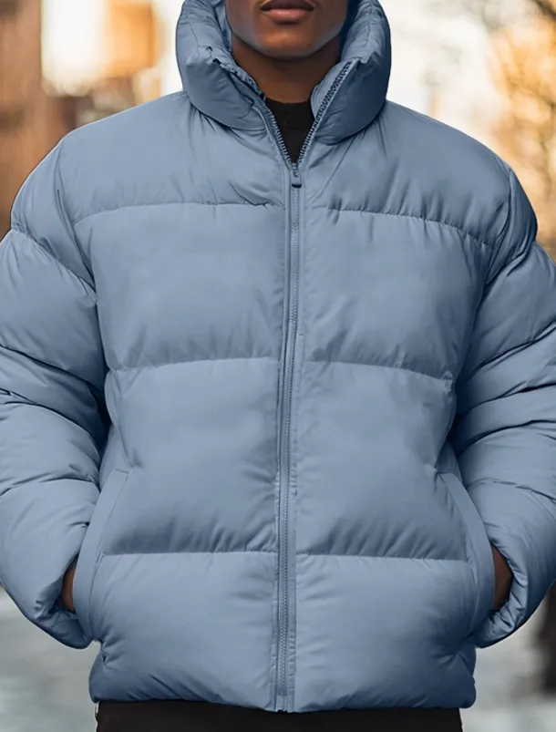 Men's Winter Coat Puffer Jacket Pocket Polyster Top Christmas Office / Career Street Regular Sports Streetwear Cool Fall Winter Plain Black White Pink Blue Puffer Jacket