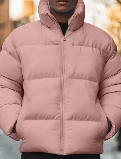 Men's Winter Coat Puffer Jacket Pocket Polyster Top Christmas Office / Career Street Regular Sports Streetwear Cool Fall Winter Plain Black White Pink Blue Puffer Jacket