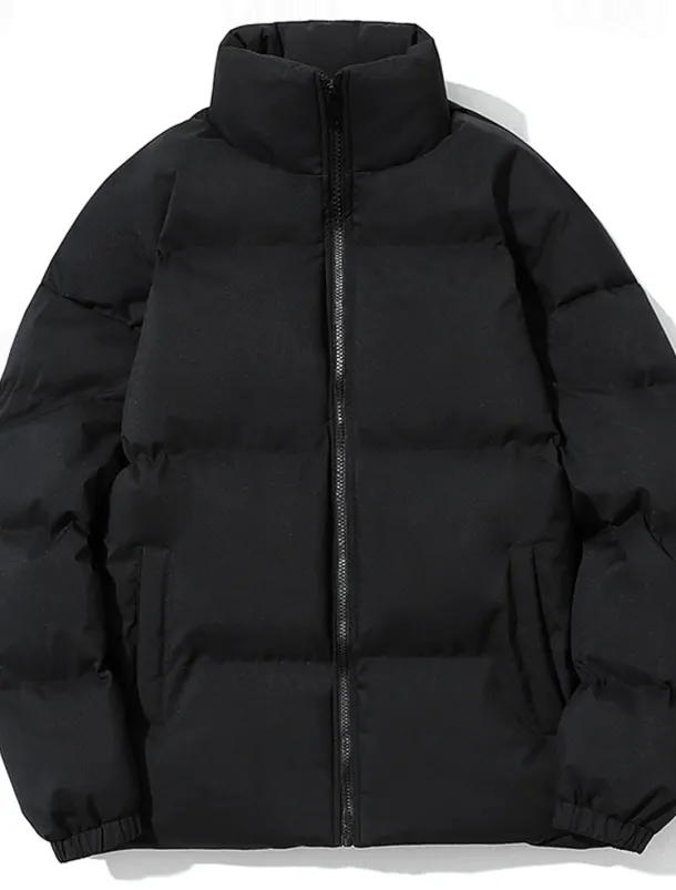 Men's Winter Coat Puffer Jacket Pocket Polyster Top Christmas Office / Career Street Regular Sports Streetwear Cool Fall Winter Plain Black White Pink Blue Puffer Jacket