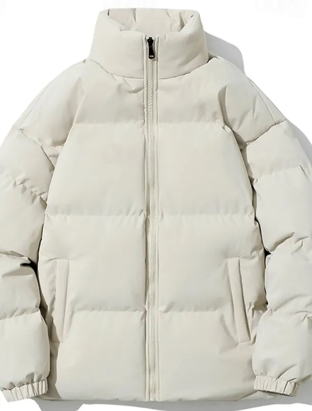 Men's Winter Coat Puffer Jacket Pocket Polyster Top Christmas Office / Career Street Regular Sports Streetwear Cool Fall Winter Plain Black White Pink Blue Puffer Jacket