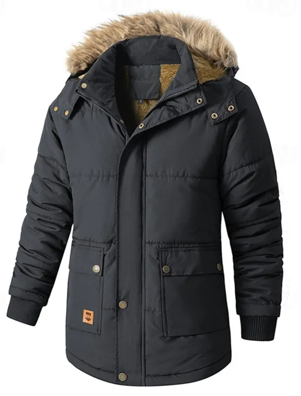 Men's Winter Coat Puffer Jacket Fleece Jacket Padded Jacket Pocket Polyster Vacation Daily Wear Date Regular Fashion Casual Comfortable Thermal Warm Fall & Winter Solid / Plain Color Black Dark Blue