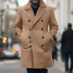 Men's Winter Coat Trench Coat Formal Wedding Warm Pocket Winter Solid Color Christmas Elegant Peaked Lapel Regular Black Khaki Gray Jacket