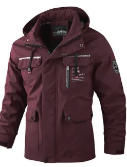 Men's Winter Coat Winter Jacket Sport Coat Raincoat Outdoor Camping & Hiking Waterproof Windbreaker Zipper Pocket Fall Winter Solid Color Fashion Streetwear Hooded Regular Wine Black White Army Green