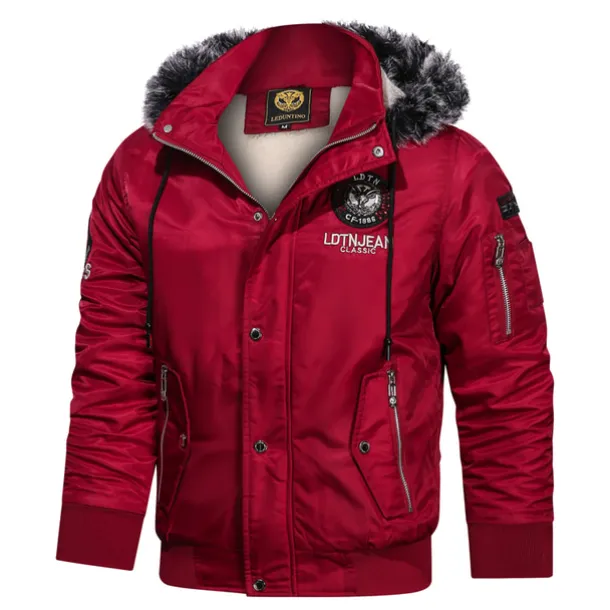 Men's Winter Coat Winter Jacket Parka Embroidered Fleece Hoodie Fur Trim Daily Regular Casual Thermal Warm Winter Plain Black Red Royal Blue Puffer Jacket