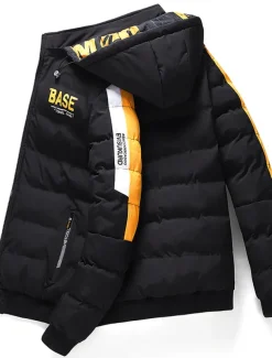 Men's Winter Coat Winter Jacket Puffer Jacket Quilted Jacket Pocket Full Zip Print Outdoor Street Daily Regular Sporty Casual Warm Breathable Fall Winter Letter Black Yellow Red Khaki Puffer Jacket
